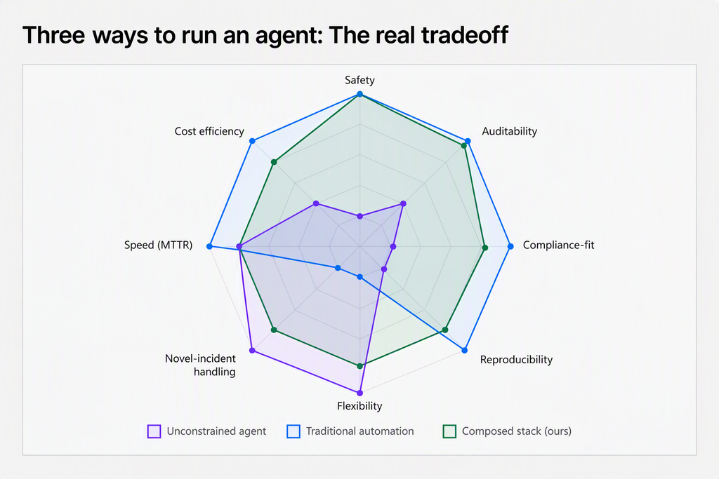 Unconstrained agent vs. traditional automation vs. the composed stack, across Safety, Auditability, Compliance-fit, Reproducibility, Flexibility, Novel-incident handling, Speed, and Cost efficiency. No approach wins everywhere; the composed stack is the only shape that stays large where operations need it.