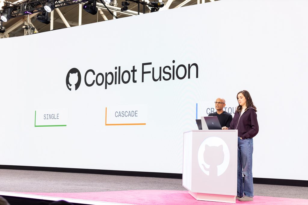 Jay Parikh, Executive Vice President of CoreAI, Microsoft, and GitHub Senior Director of Developer Advocacy Cassidy Williams onstage during GitHub Universe 2026, Wednesday, Oct. 28, 2026, at Fort Mason Center for Arts and Culture, in San Francisco, Calif. (Photo: Cameron Karsten)